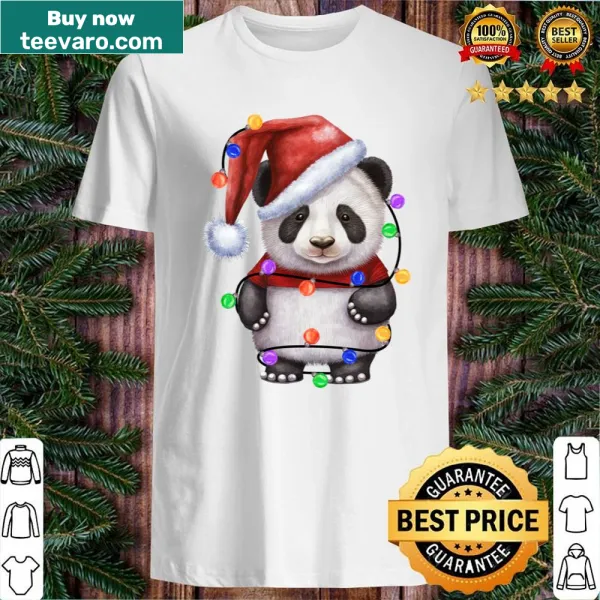 Festive shirt featuring pandas with Christmas lights and Santa hats