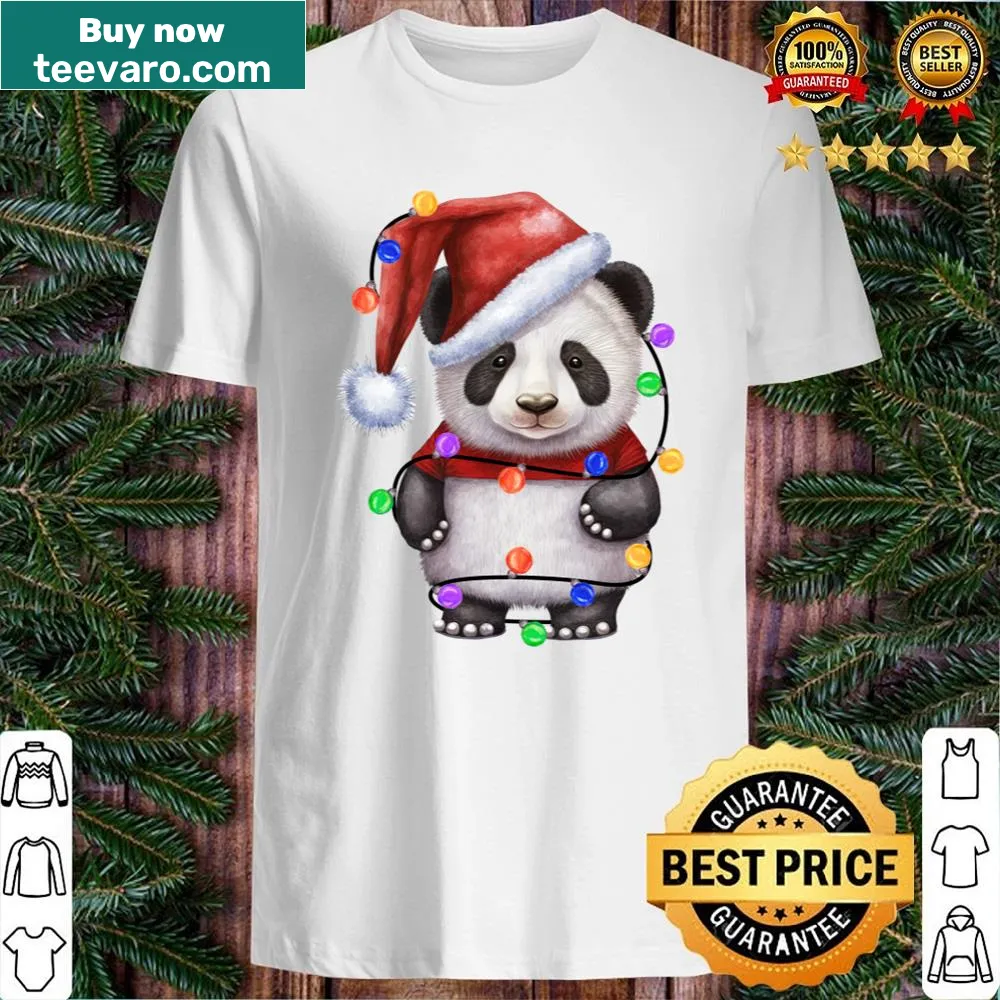 Festive shirt featuring pandas with Christmas lights and Santa hats