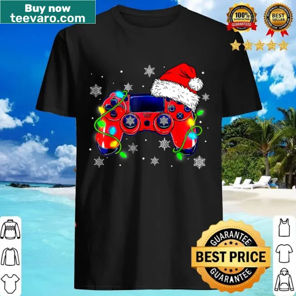 Playful shirt featuring a video game controller with a Santa hat for gamers celebrating Christmas.