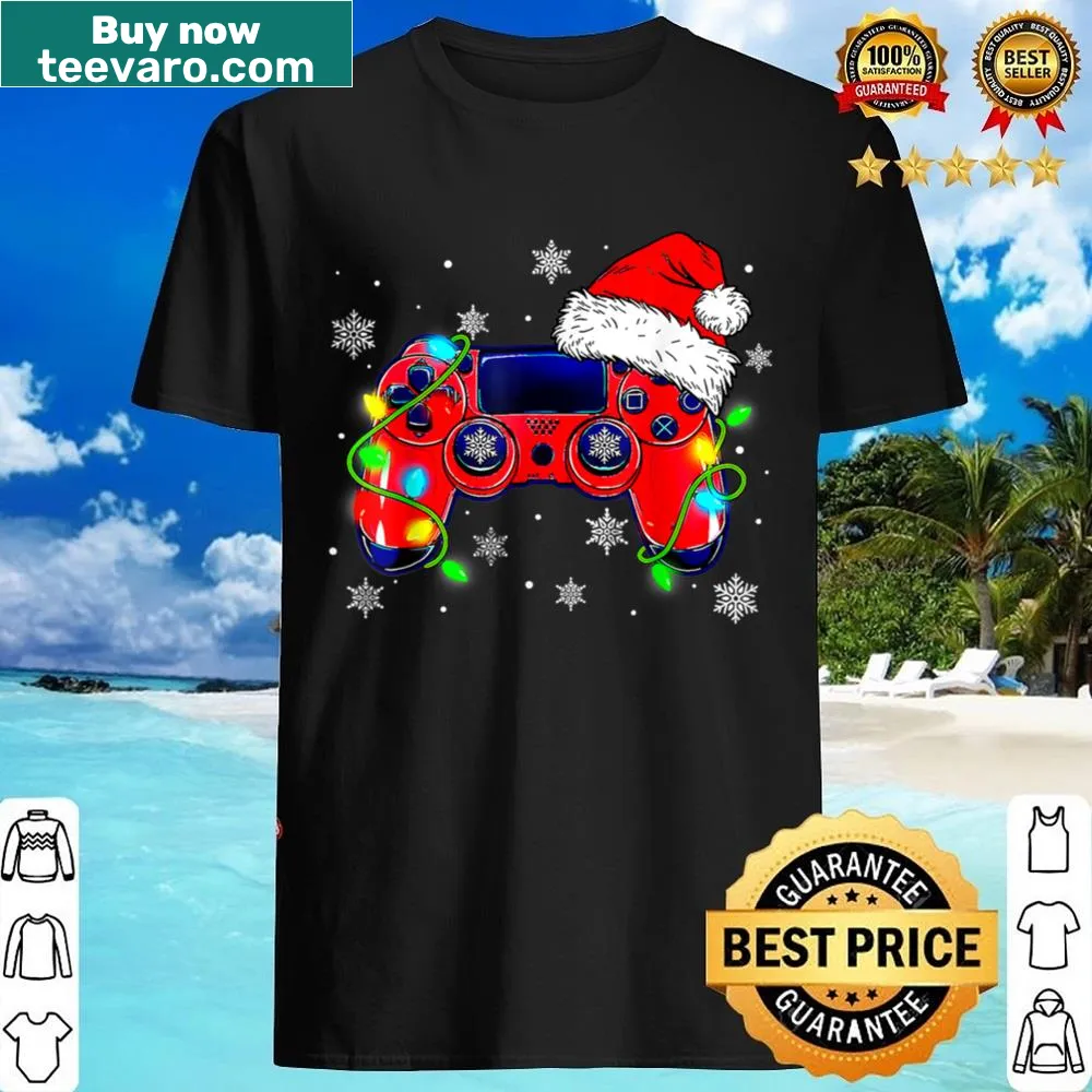 Playful shirt featuring a video game controller with a Santa hat for gamers celebrating Christmas.
