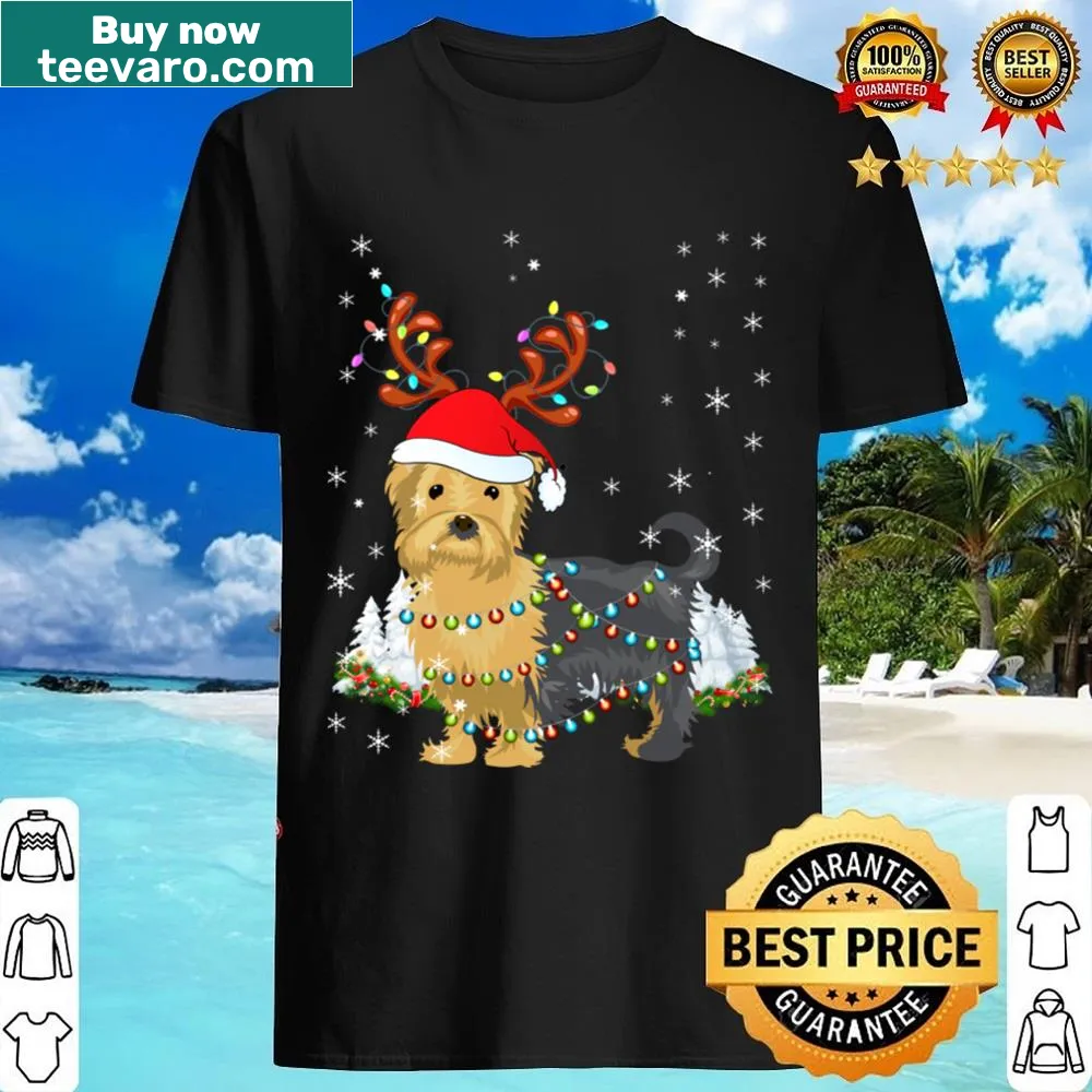Festive Yorkie dog shirt with Christmas lights and a Santa hat
