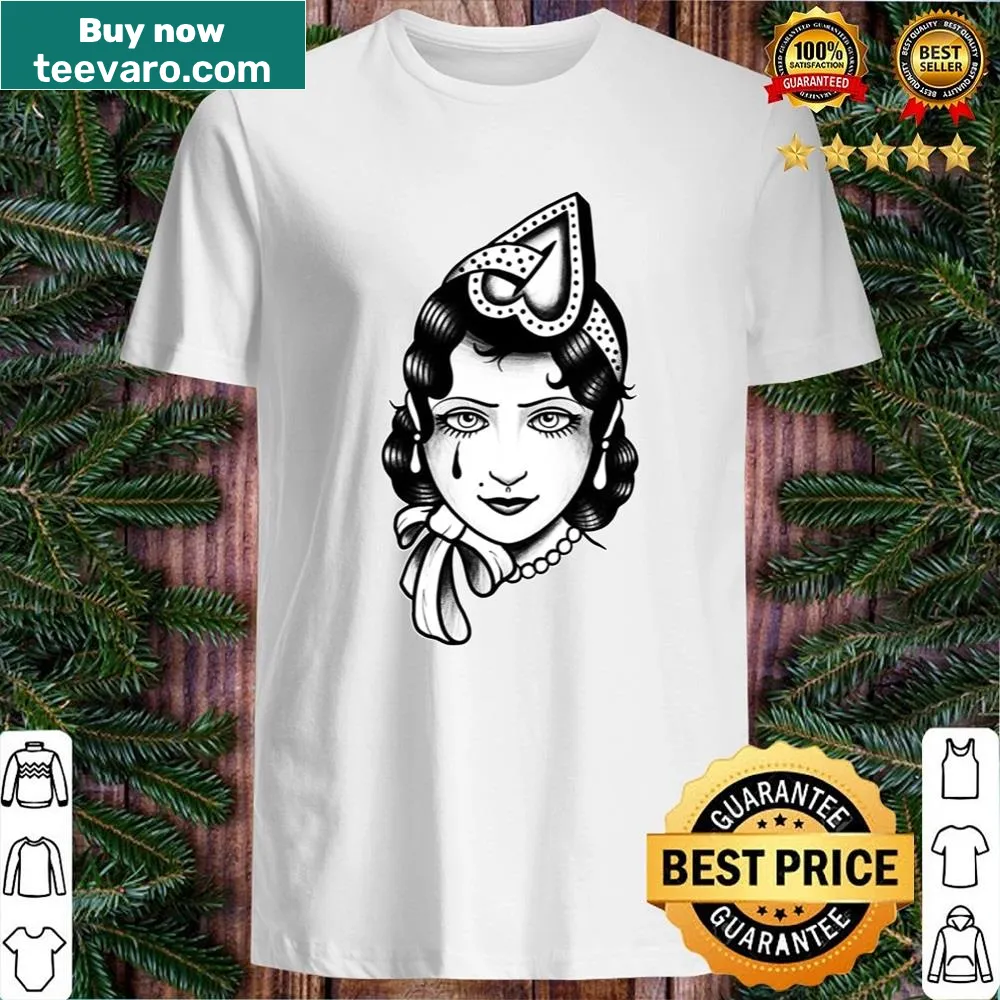 Black and white illustrated sad lady tattoo shirt