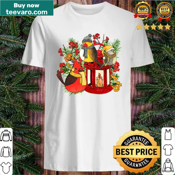 Illustration of chickadee and cardinal birds on a shirt.