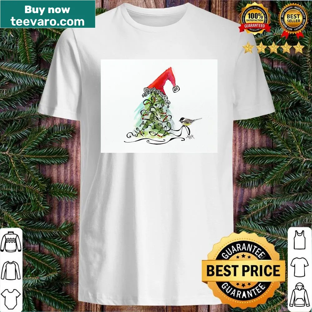 Illustration of a chickadee on a snowy branch for Christmas