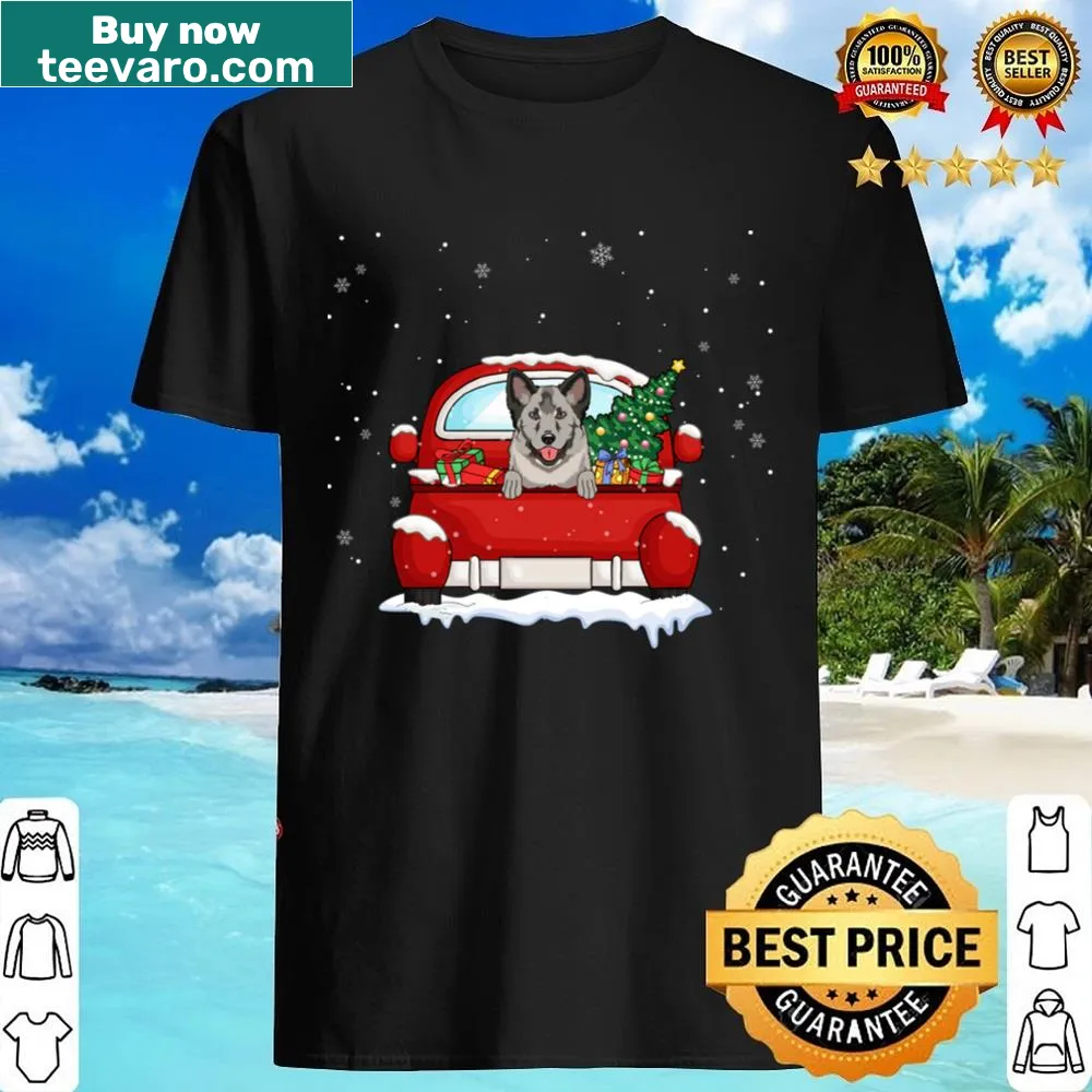 Norwegian Elkhound in a red truck for Christmas shirt design