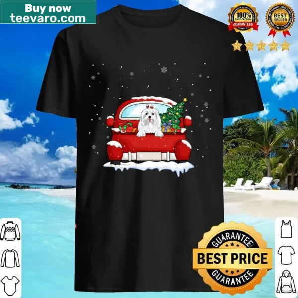 Cute Maltese in red truck design for Christmas celebration shirt