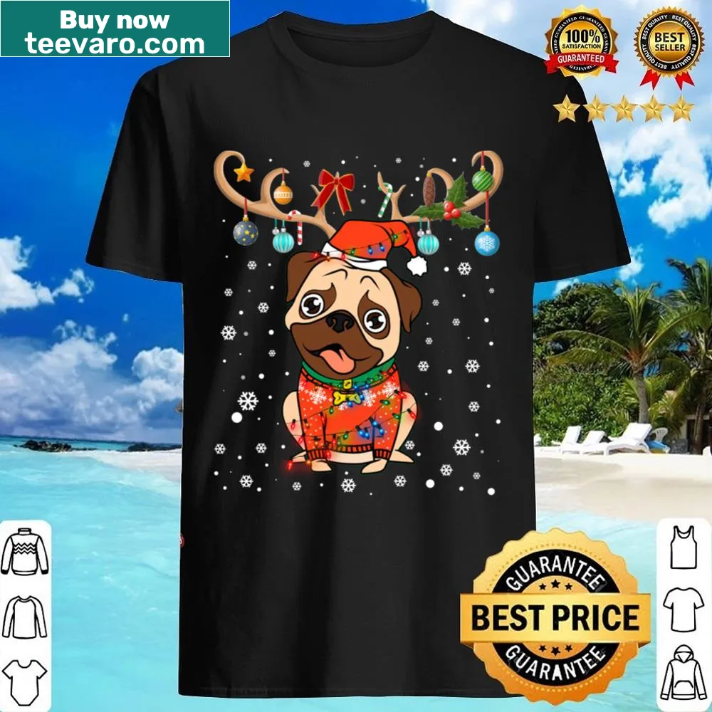 Pug dog with reindeer and Christmas lights graphic on lightweight tee