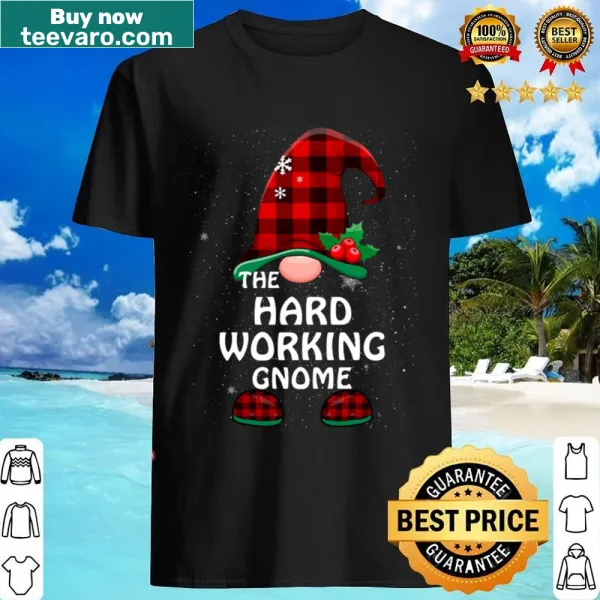 Funny gnome-themed pajama shirt with buffalo plaid design