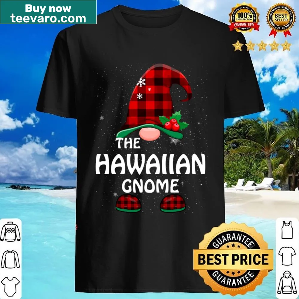 Funny Hawaiian Gnome Christmas pajama shirt with buffalo plaid.