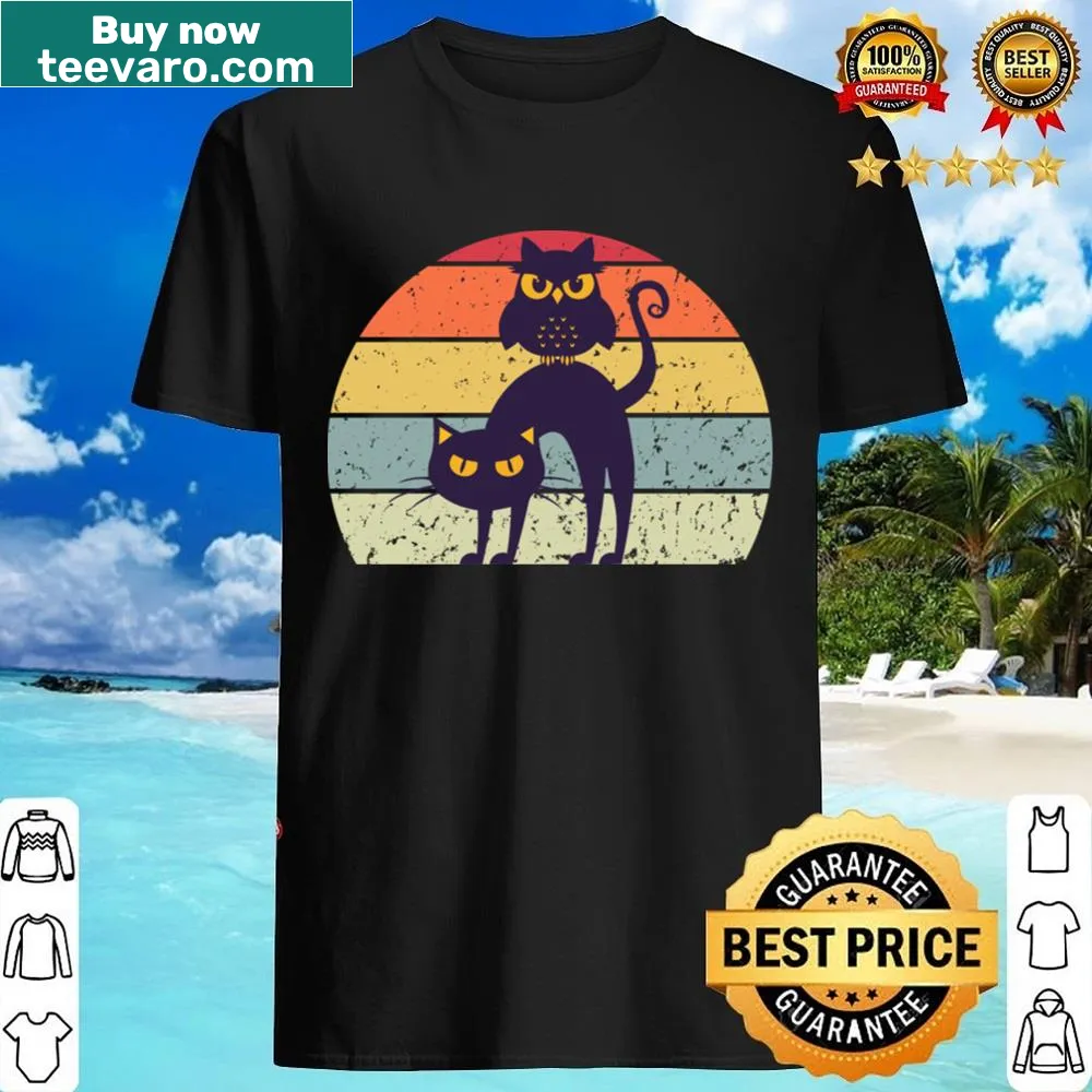 T-shirt featuring a whimsical illustration of a cat and an owl
