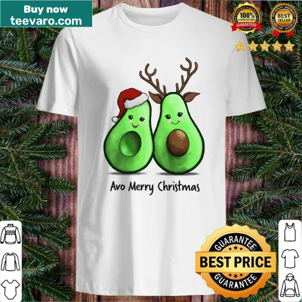 Festive shirt with an avocado in a Santa hat and the text 'Avo Merry Christmas'