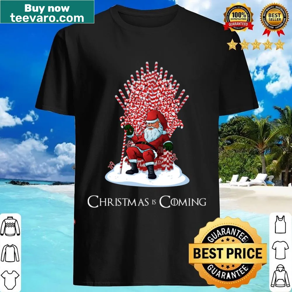 Christmas shirt featuring Santa in a candy cane throne.