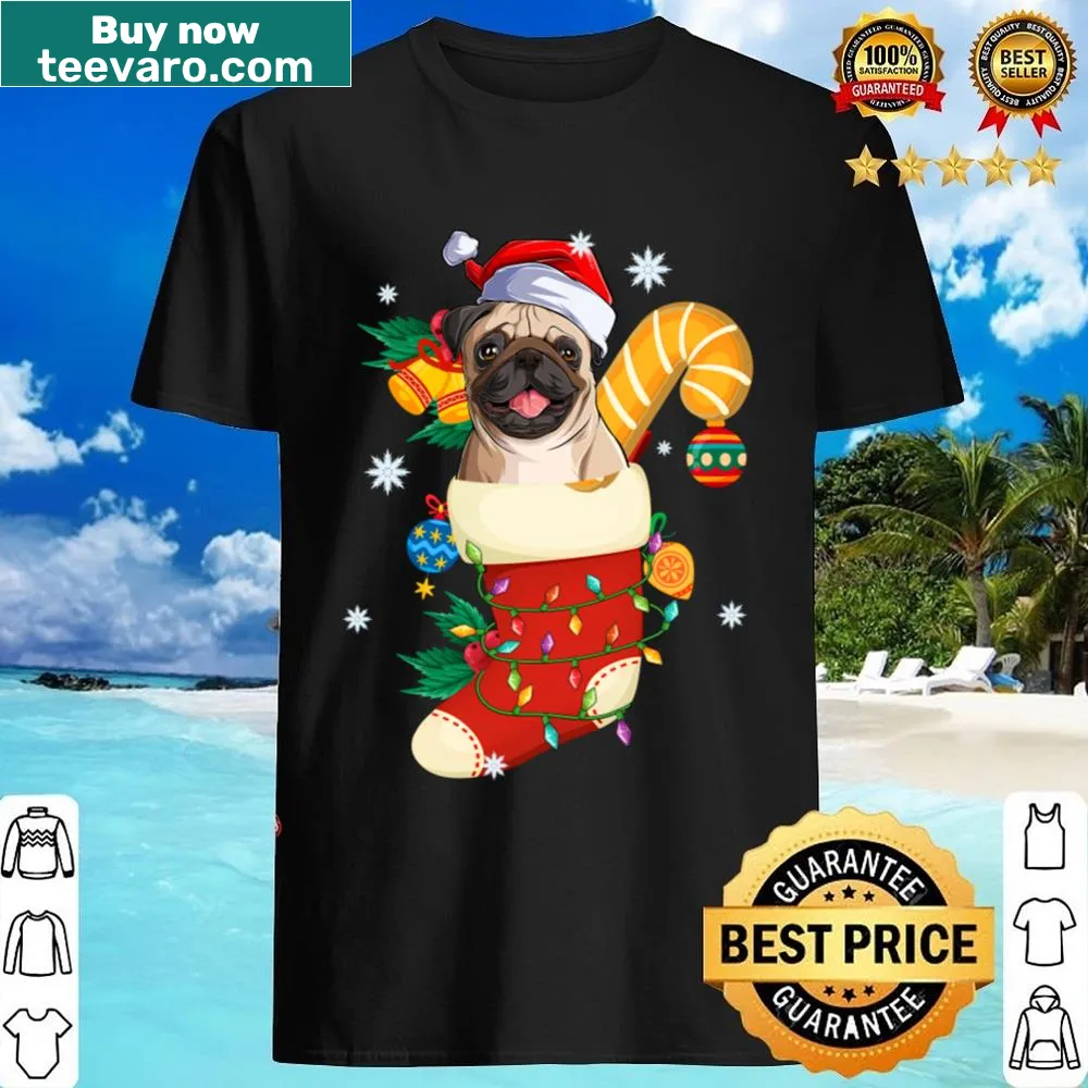 Cute pug in a Christmas stocking with lights illustration
