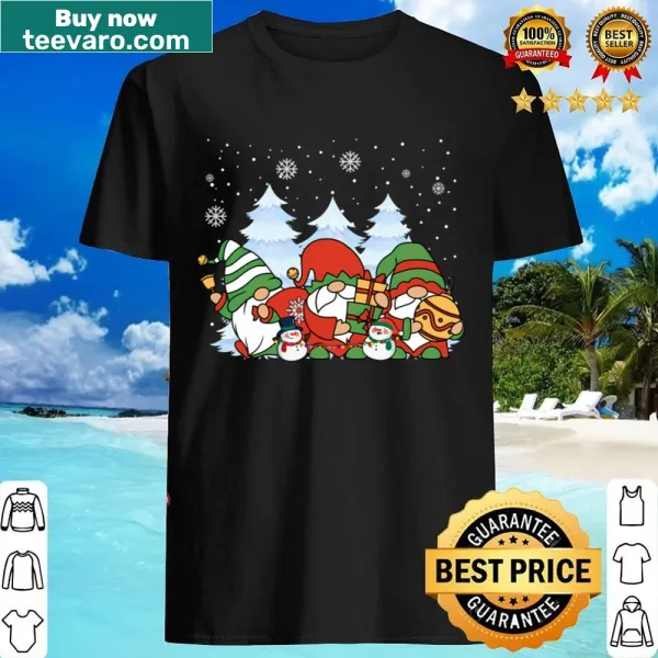 Whimsical winter gnomes with gifts and snowman illustration
