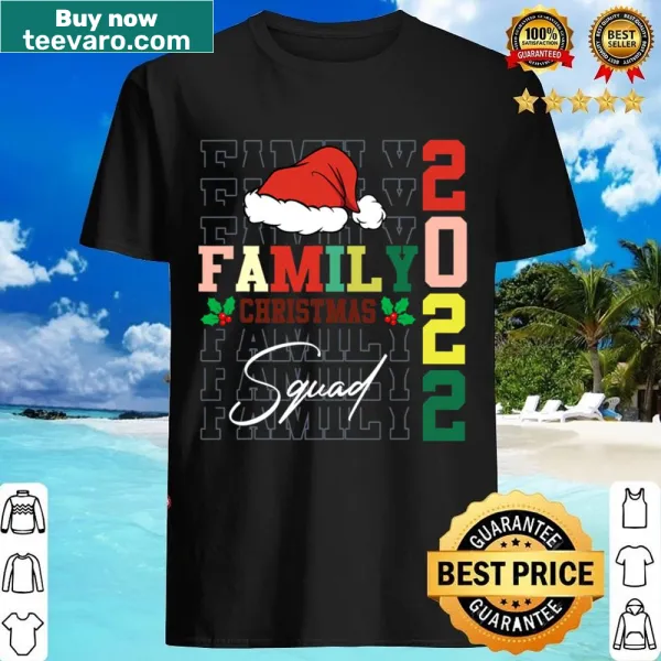 Matching family holiday shirt featuring Santa and elf graphics