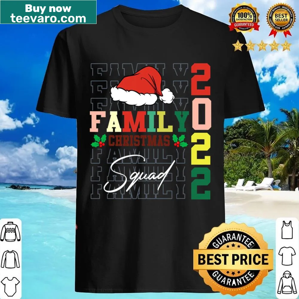 Matching family holiday shirt featuring Santa and elf graphics
