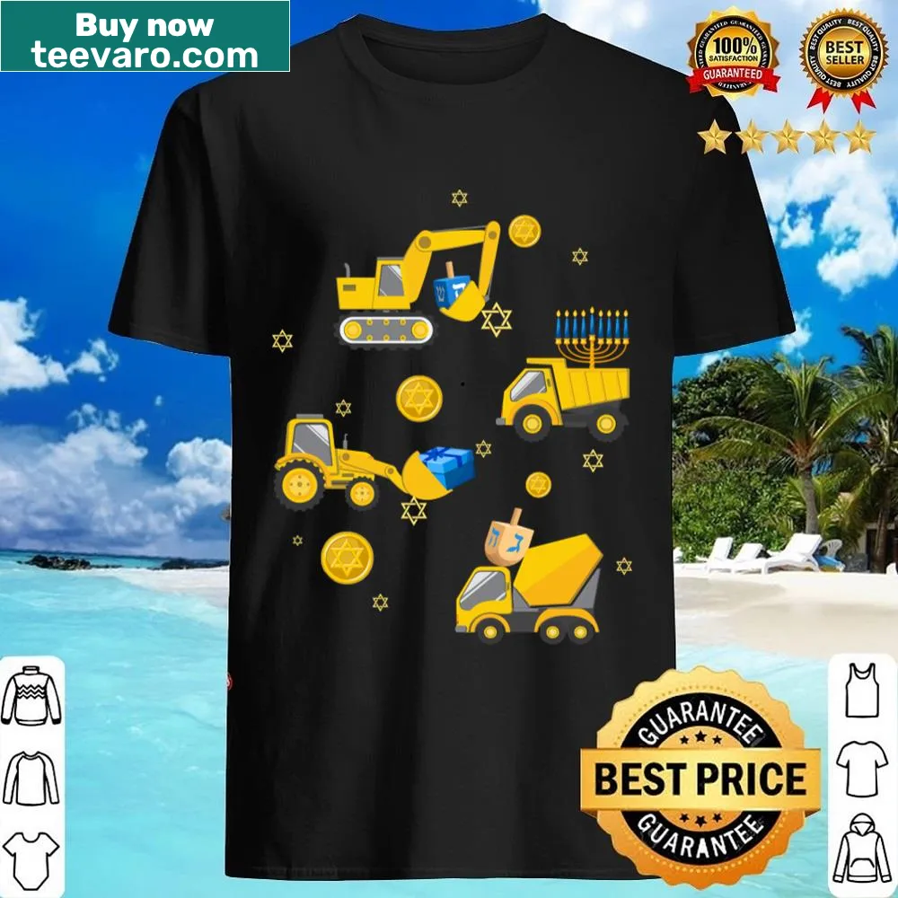 Construction-themed Hanukkah shirt with excavator, dreidel, and menorah.
