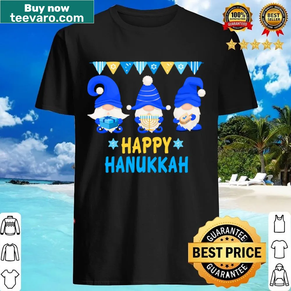 Joyful shirt with gnomes, menorah, and dreidel for Hanukkah.