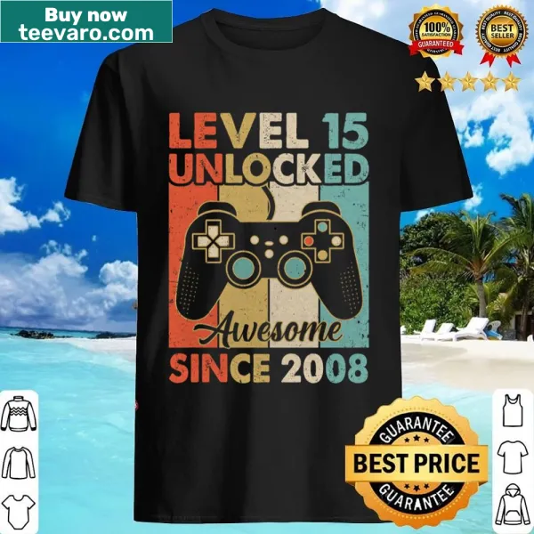 Birthday shirt celebrating 'Level 15 Unlocked' for gamers.
