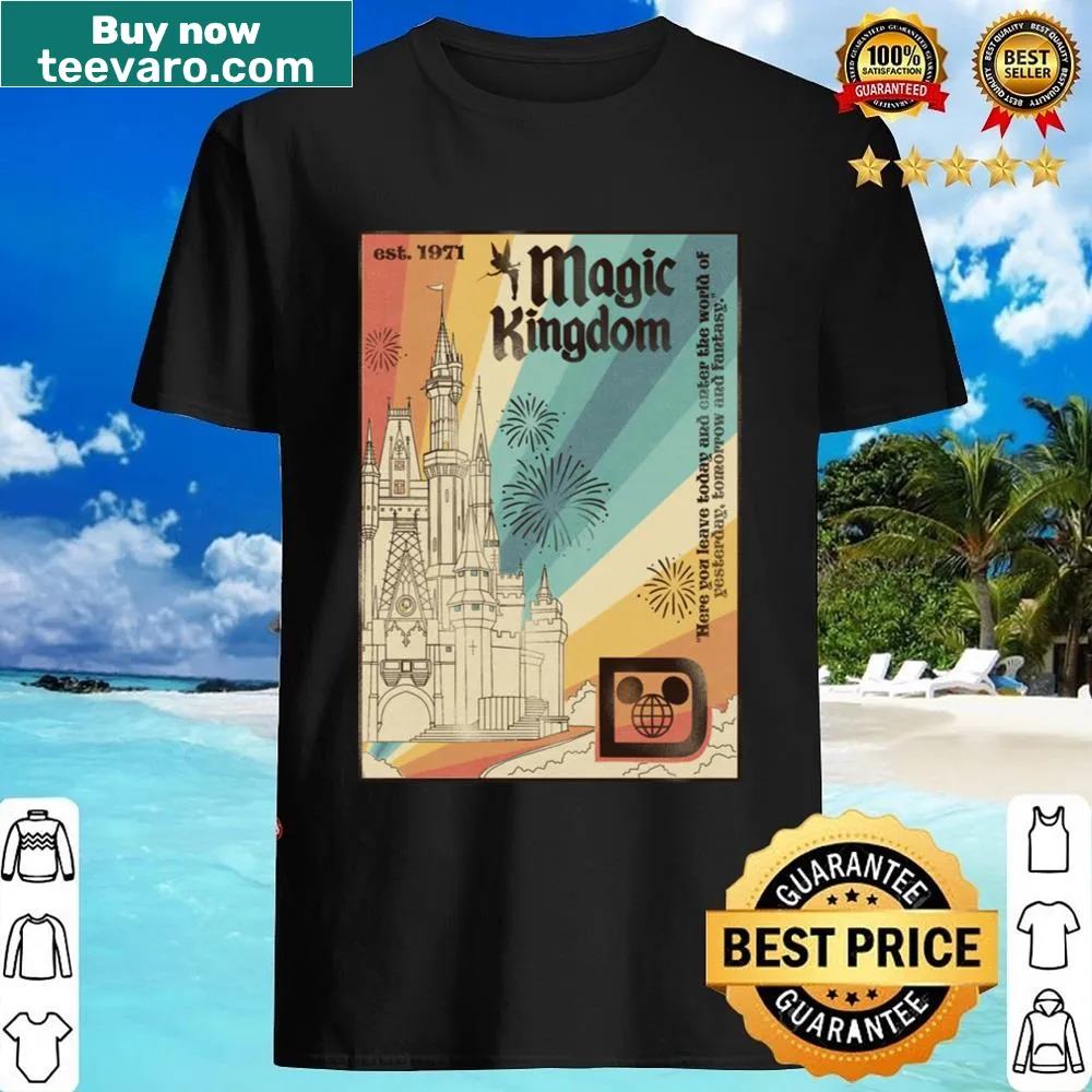 Retro-themed shirt featuring stripes and playful typography inspired by Magic Kingdom