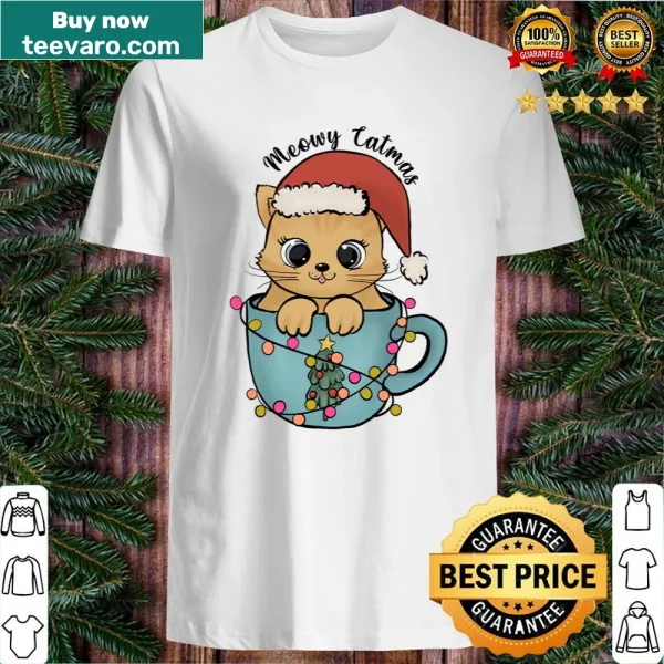 Festive shirt with Meowy Catmas text and cat illustrations