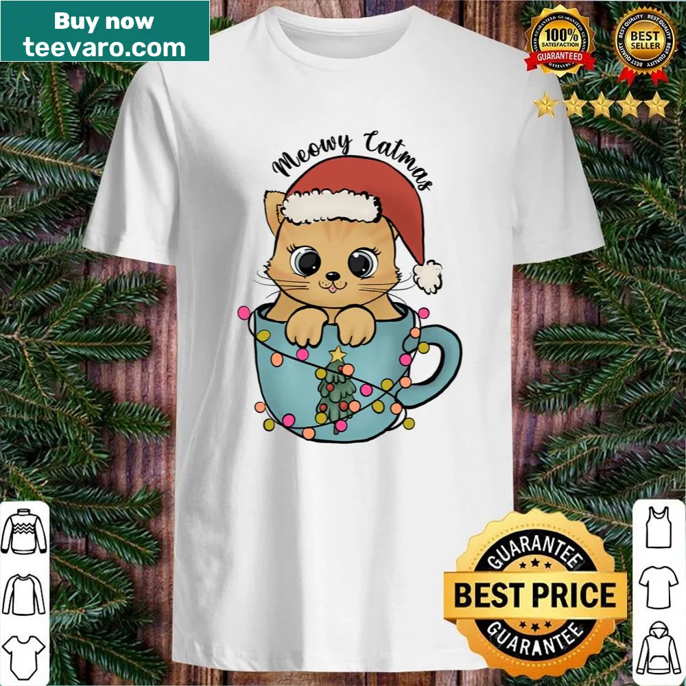Festive shirt with Meowy Catmas text and cat illustrations