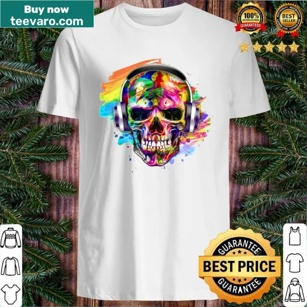 Skull graphic wearing headphones on a t-shirt