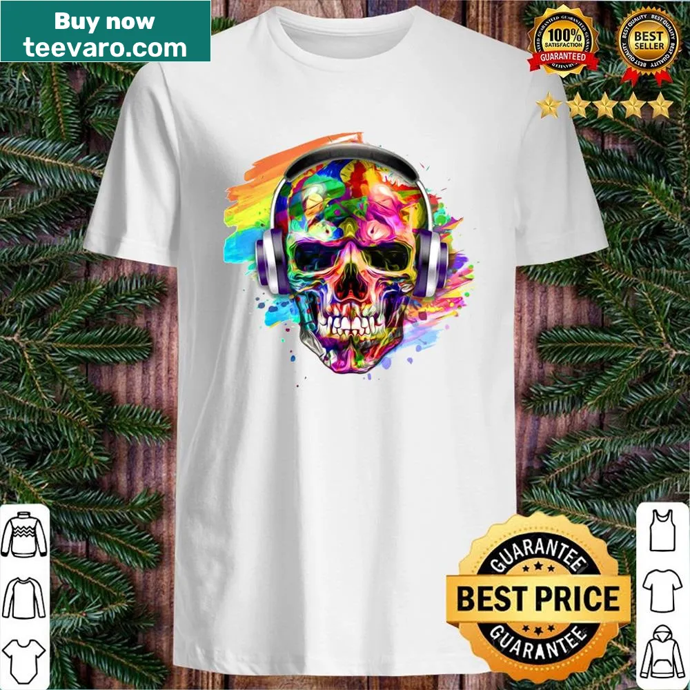 Skull graphic wearing headphones on a t-shirt