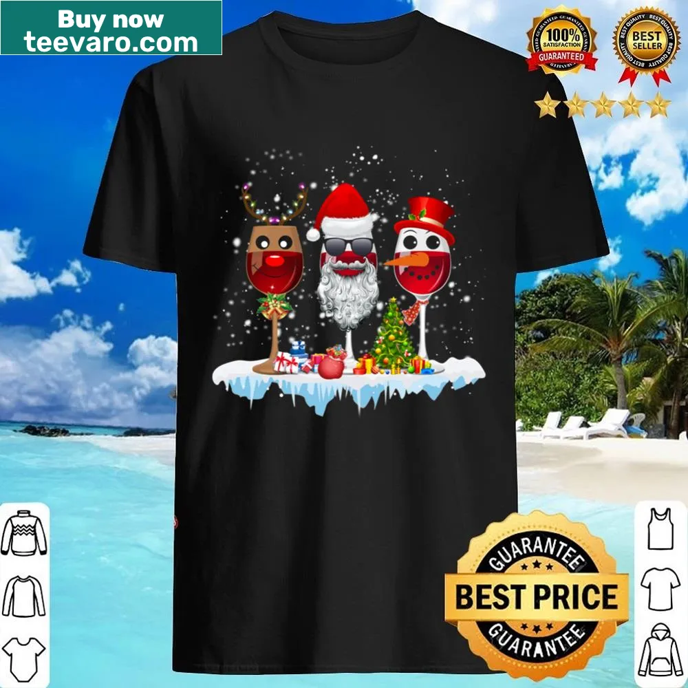 Christmas shirt featuring three glasses of red wine with Santa hats
