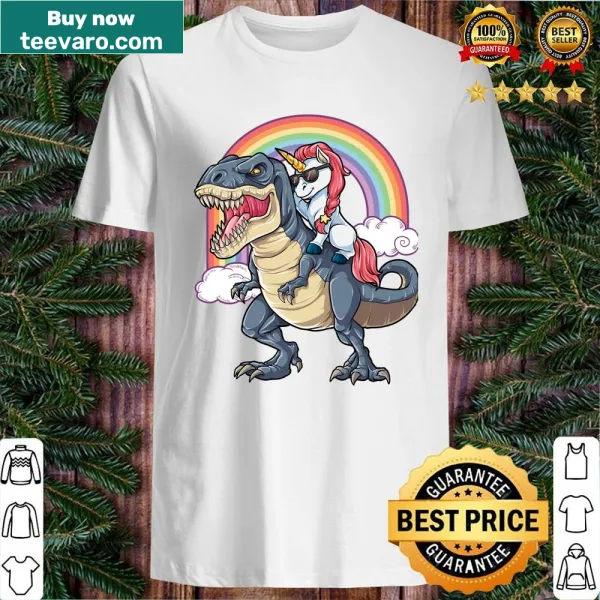 Illustration of a unicorn riding a T-Rex on a playful kids' shirt