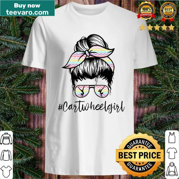 Playful shirt with a girl doing a cartwheel and a messy bun.