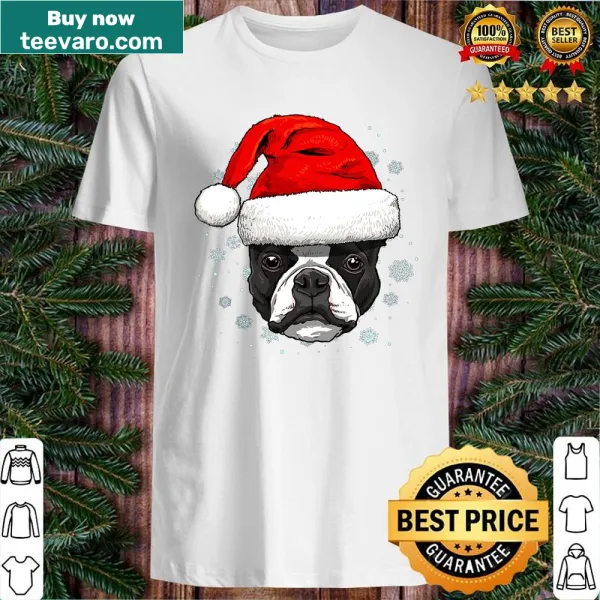 Christmas shirt featuring a Boston Terrier dressed as Santa Claus