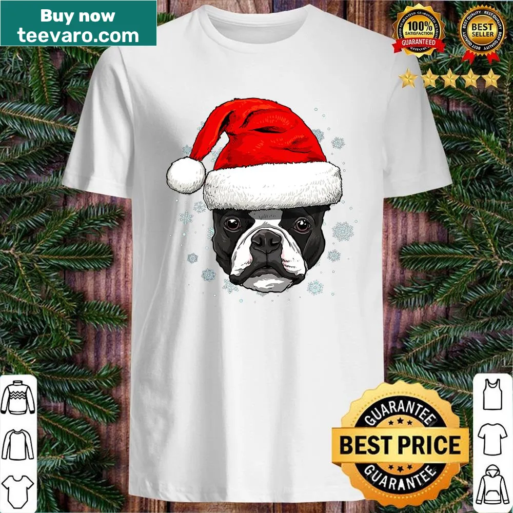 Christmas shirt featuring a Boston Terrier dressed as Santa Claus