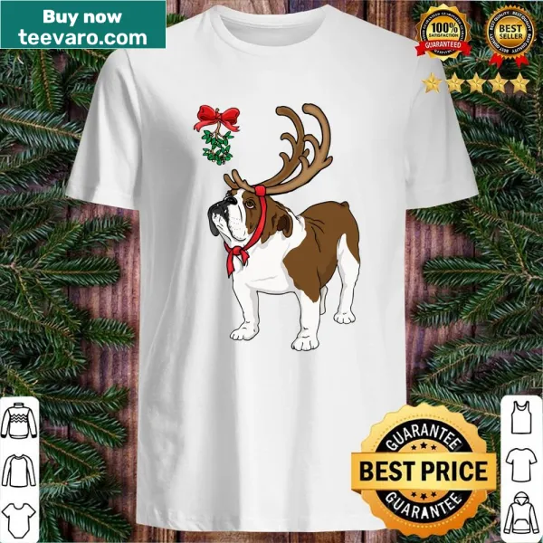Bulldog wearing reindeer antlers in a funny holiday design