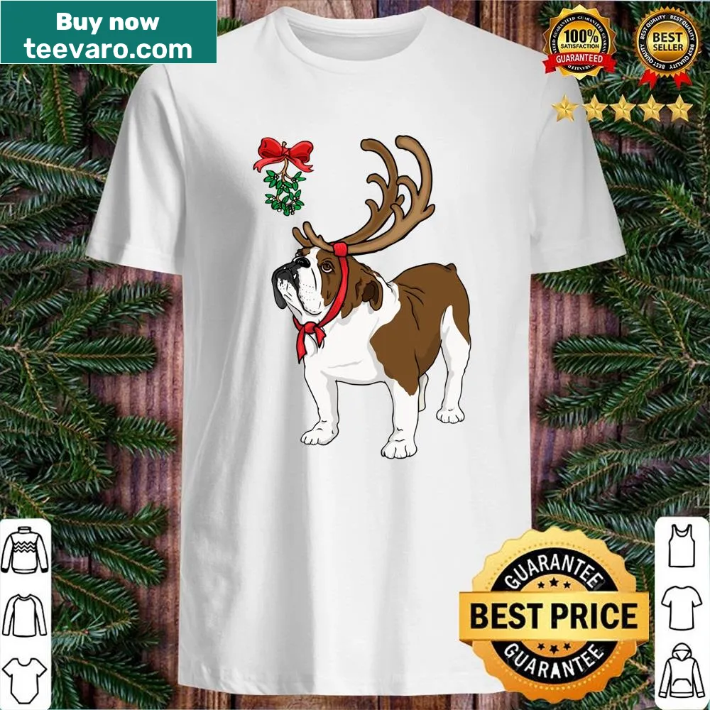 Bulldog wearing reindeer antlers in a funny holiday design