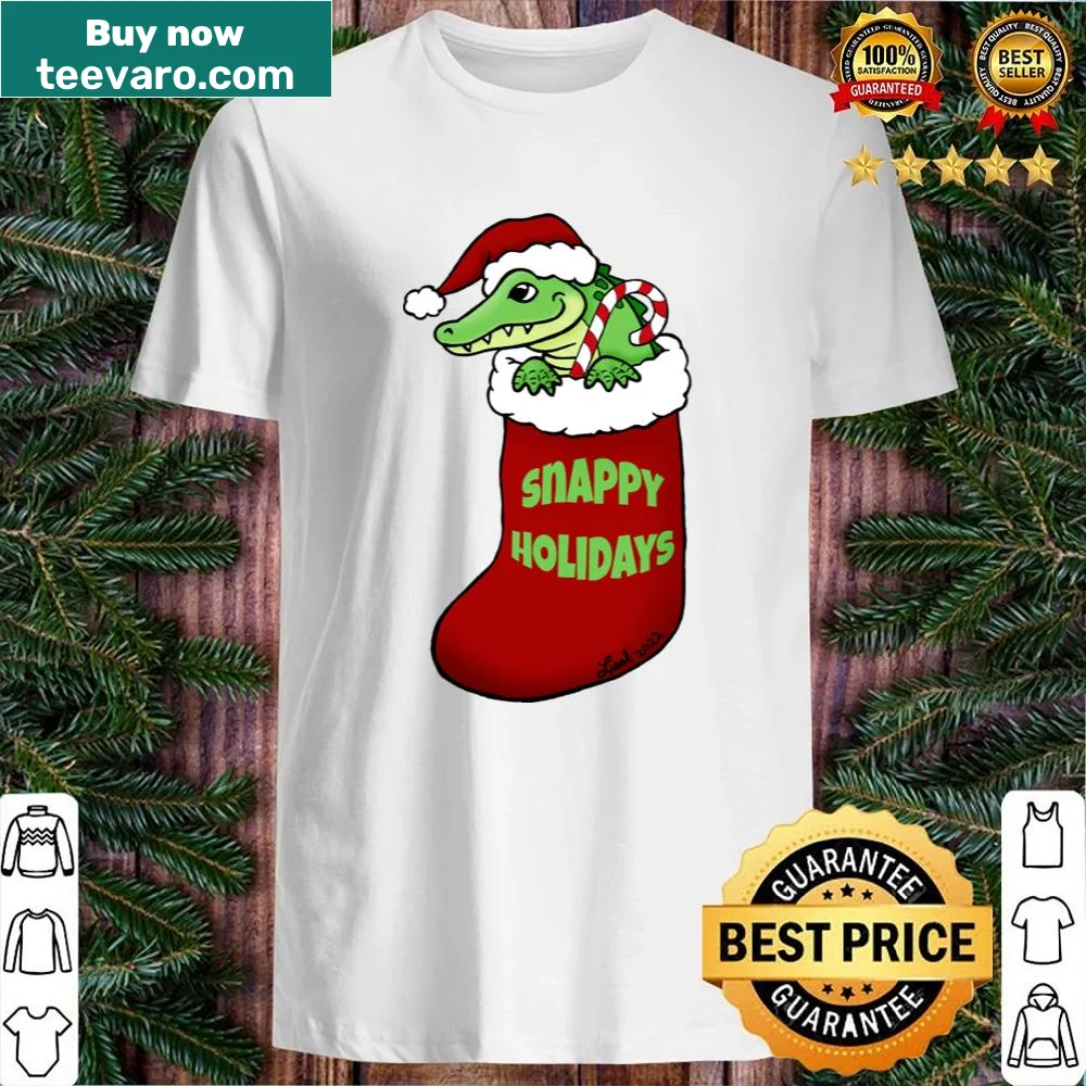 Playful Christmas gator graphic on a festive shirt