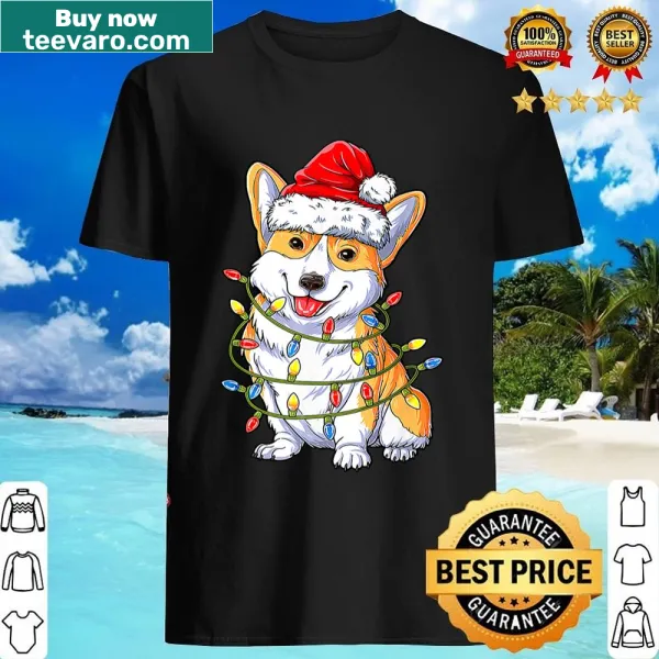 Corgi dog dressed as Santa with Christmas lights graphic
