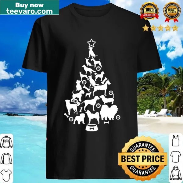 Whimsical Christmas tree design with dogs on a shirt.