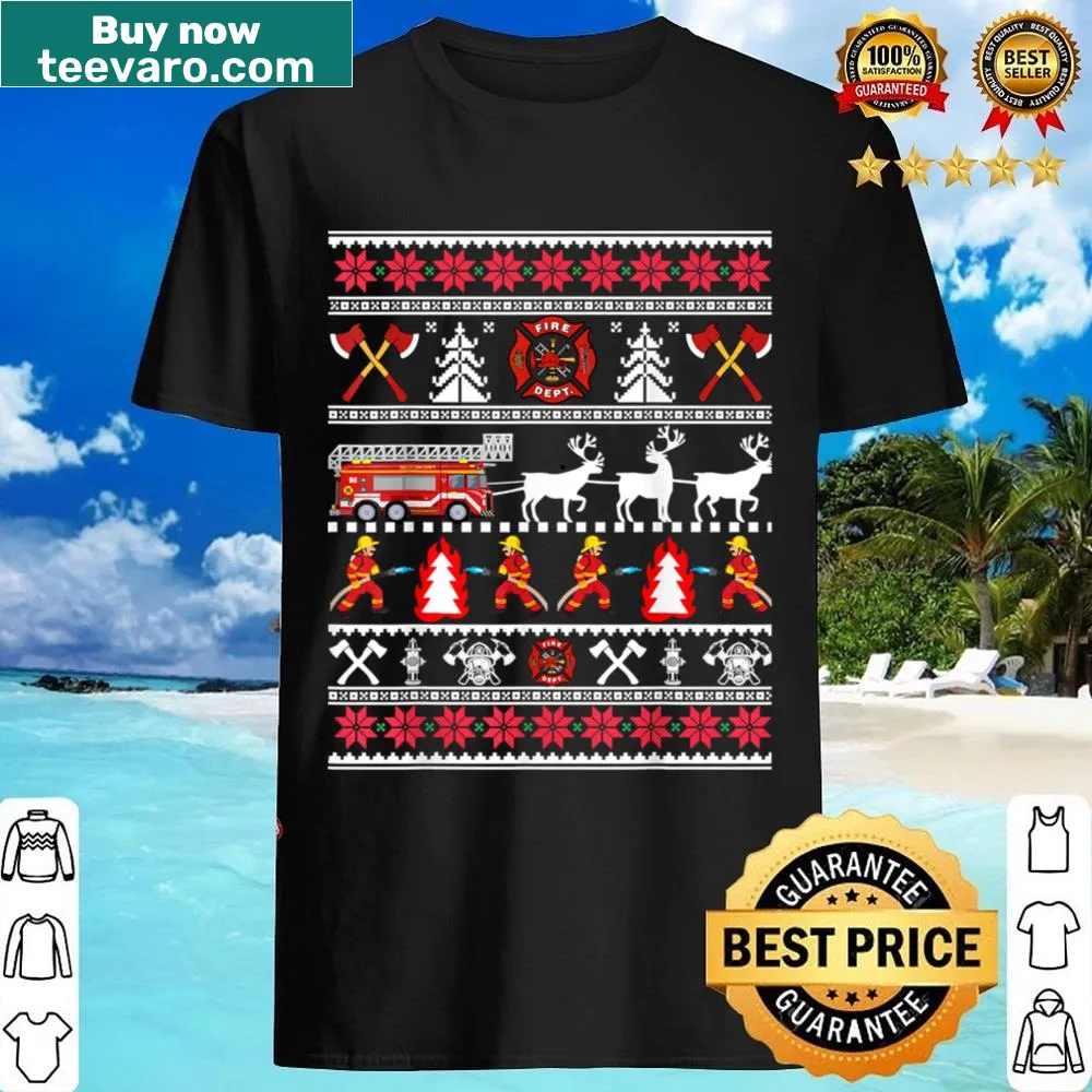 Vintage-style firefighter holiday shirt with ugly sweater design
