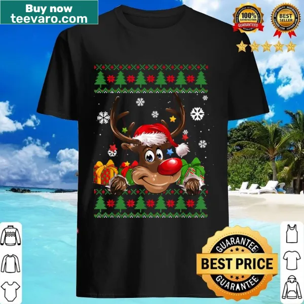 Funny Christmas shirt with reindeer in Santa hats for holiday cheer