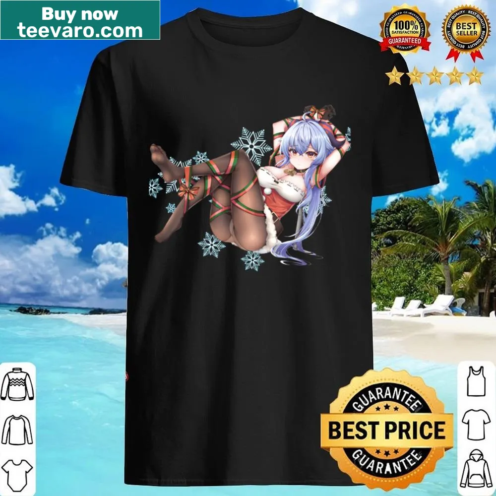 Ganyu from Genshin Impact depicted as a Christmas gift on a shirt.