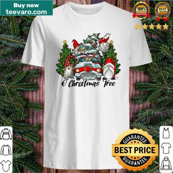 Whimsical gnomes around a Christmas tree on a shirt