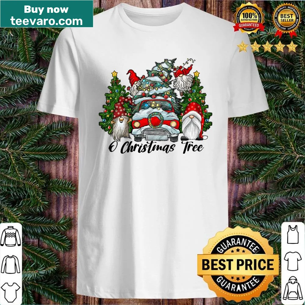 Whimsical gnomes around a Christmas tree on a shirt