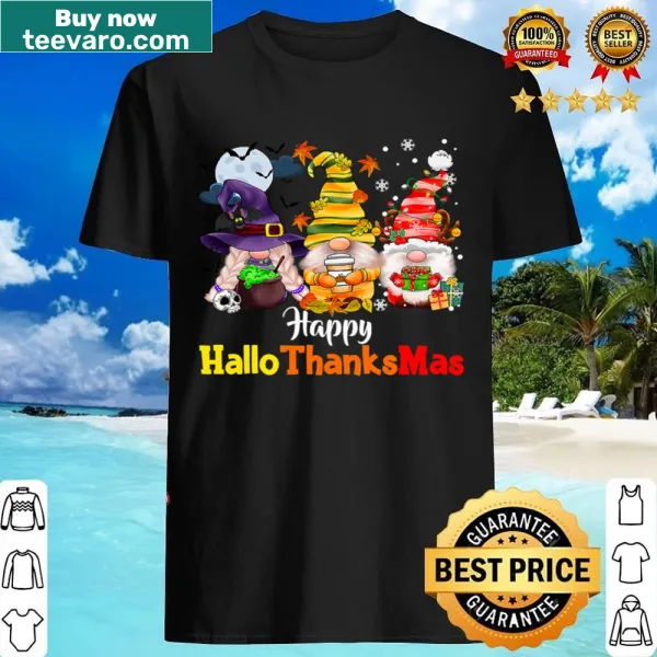 Playful shirt with 'Happy Hallothanksmas' and gnome designs for holiday celebrations.