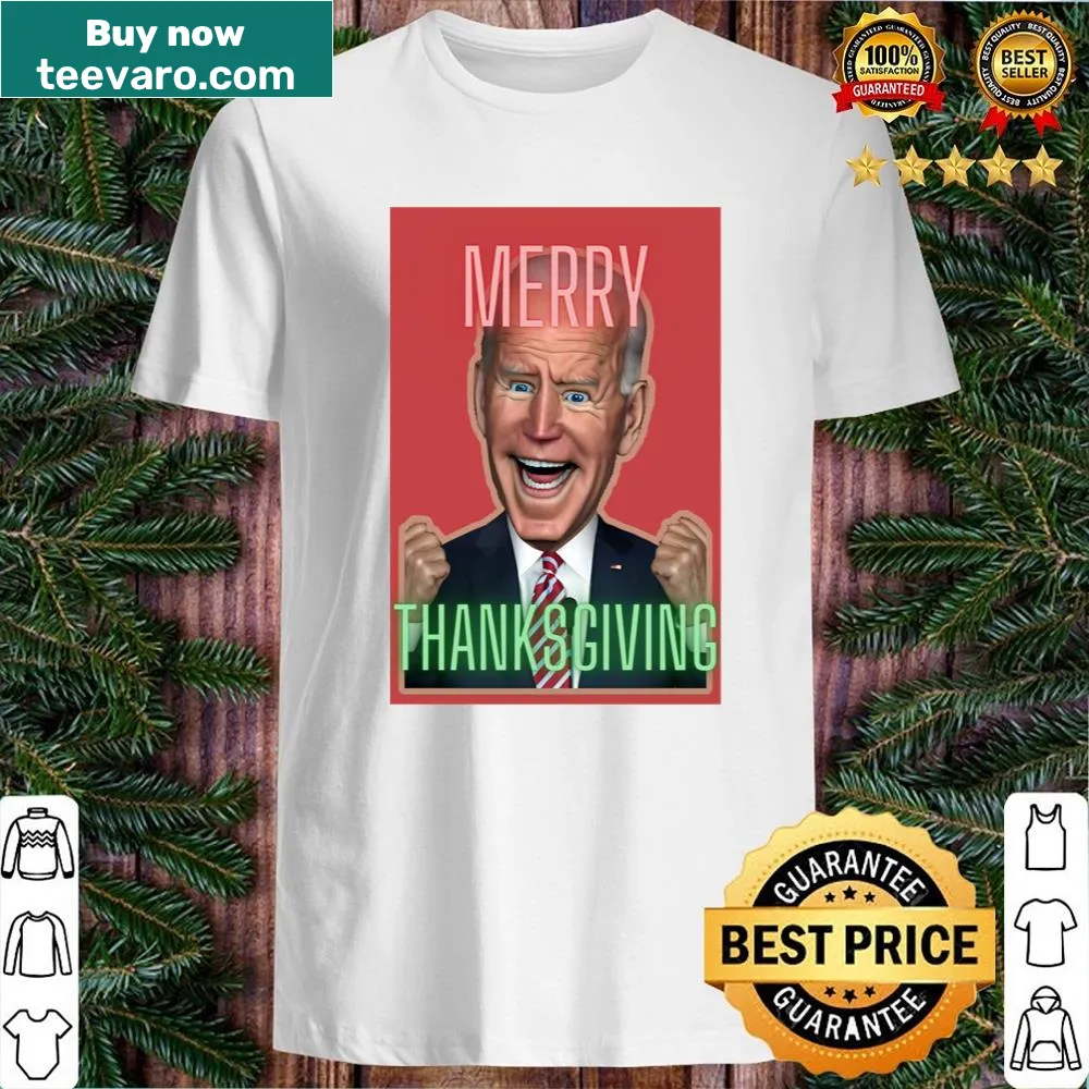Funny holiday shirt featuring 'Happy Thanksgiving' and 'Merry Christmas' with a political twist.