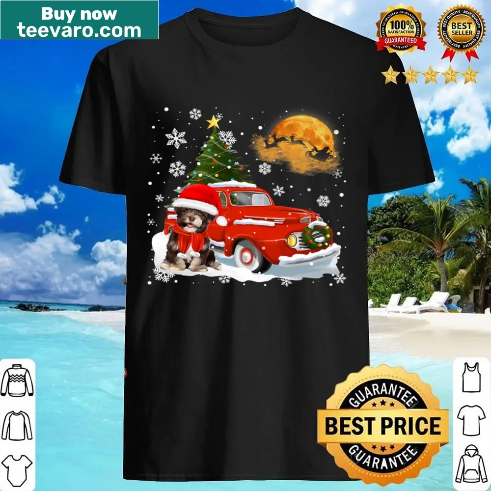 Nostalgic vintage red truck with Christmas tree shirt design.