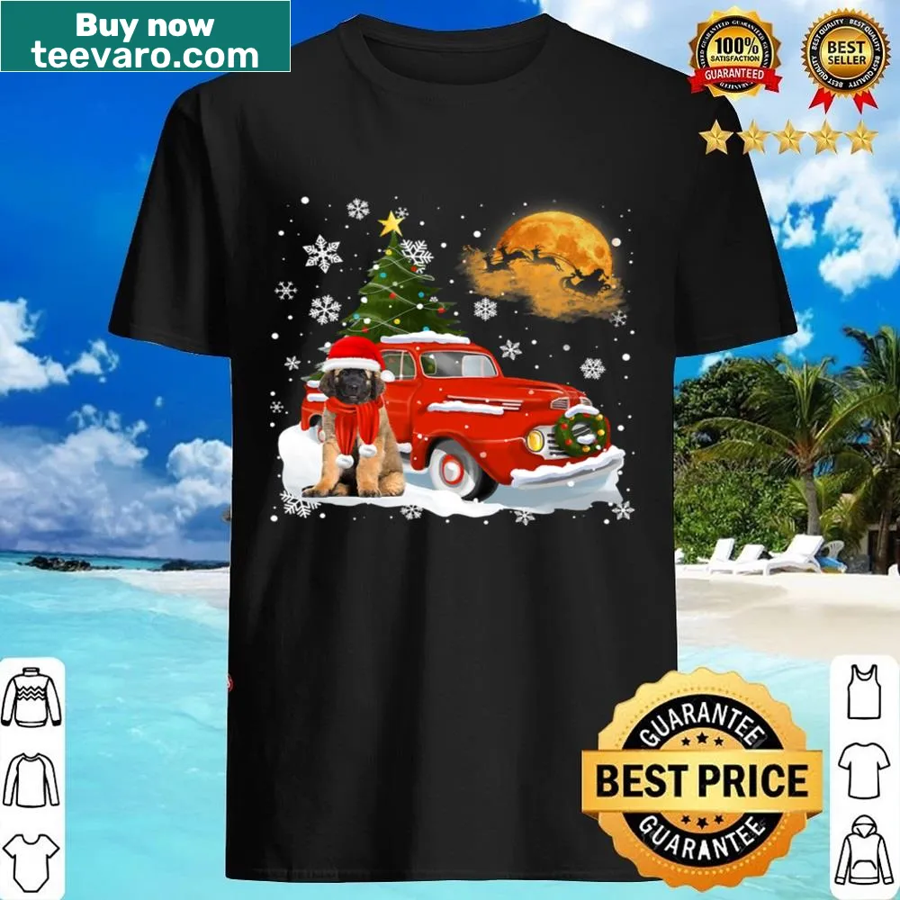 Vintage red truck with Christmas tree and Leonberger illustration