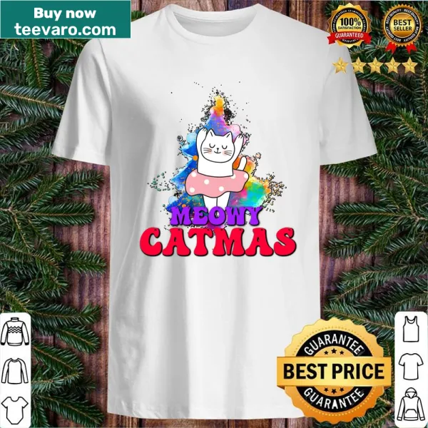 Whimsical shirt featuring a cat in a Santa hat with the text 'Meowy Catmas'