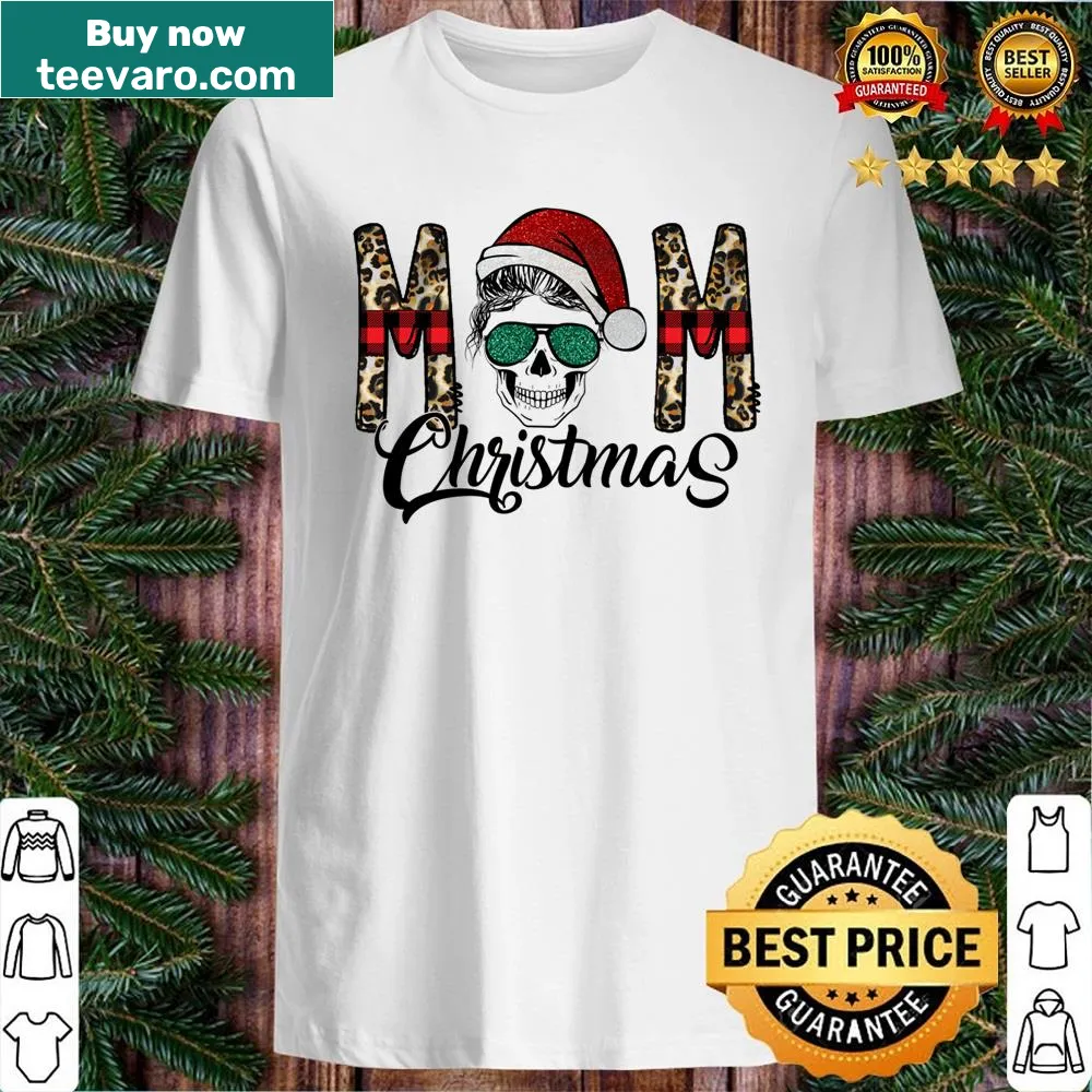 Messy bun skull graphic on a Christmas-themed shirt for moms