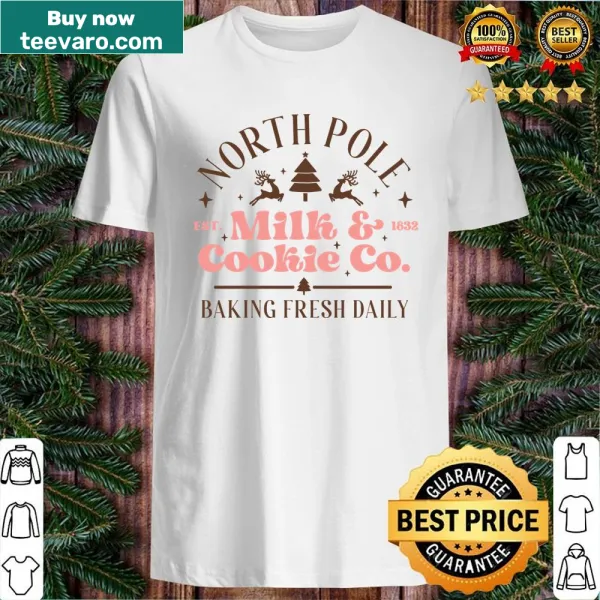 Cartoon graphic of milk and cookies with North Pole logo
